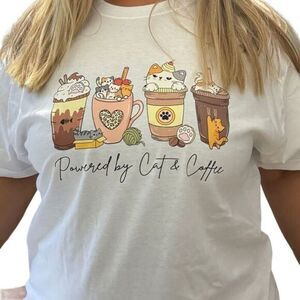 Handmade💋 Womans iced coffee tee shirt “Powered by cat & Coffee”